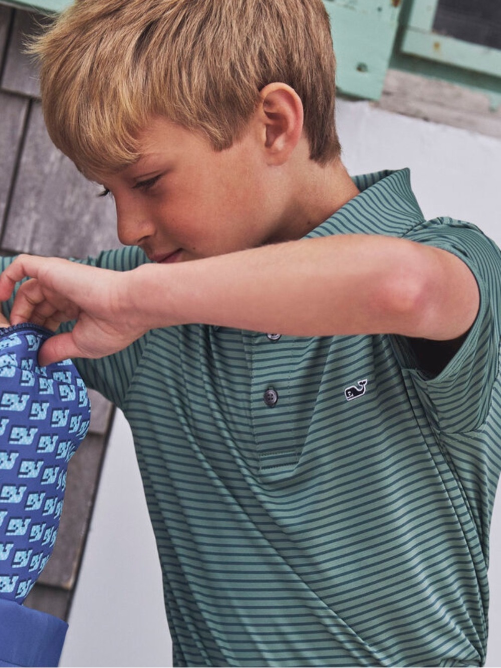 Vineyard Vines Boys' Teal & Navy Striped Performance Polo